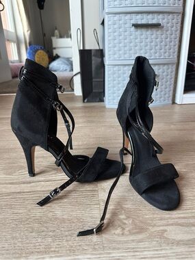 Burju Black Strappy Vegan Suede Street Sole Stiletto Dancing Heels